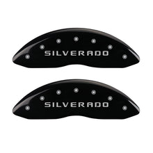 Load image into Gallery viewer, MGP Front set 2 Caliper Covers Engraved Front Silverado Black finish silver ch