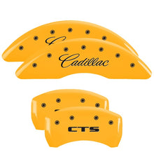 Load image into Gallery viewer, MGP 4 Caliper Covers Engraved Front &amp; Rear Cursive/Cadillac Yellow finish black ch