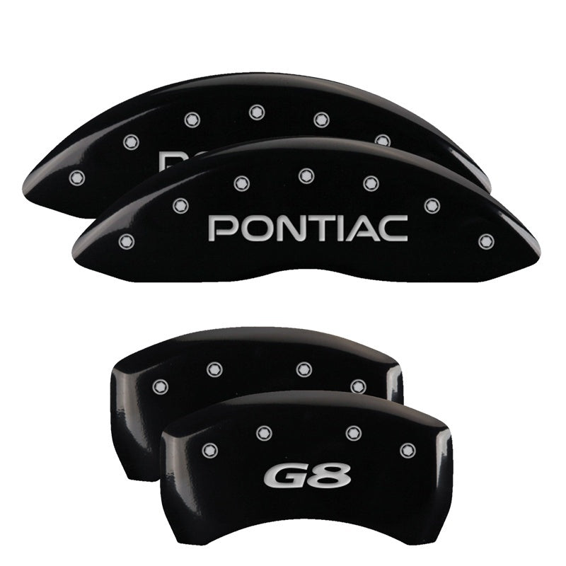 MGP 4 Caliper Covers Engraved Front Pontiac Engraved Rear G8 Black finish silver ch