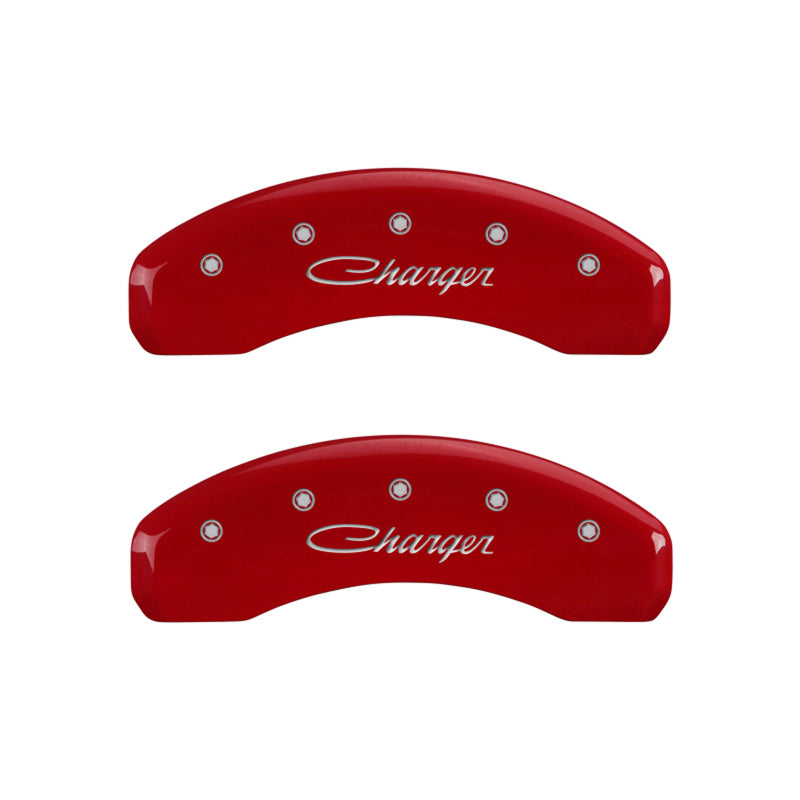 MGP 4 Caliper Covers Engraved Front & Rear Cursive/Charger Red finish silver ch