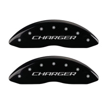 Cargar imagen en el visor de la galería, MGP 4 Caliper Covers Engraved Front Charger Rear RT Black Finish Silver Char 2016 Dodge Challenger