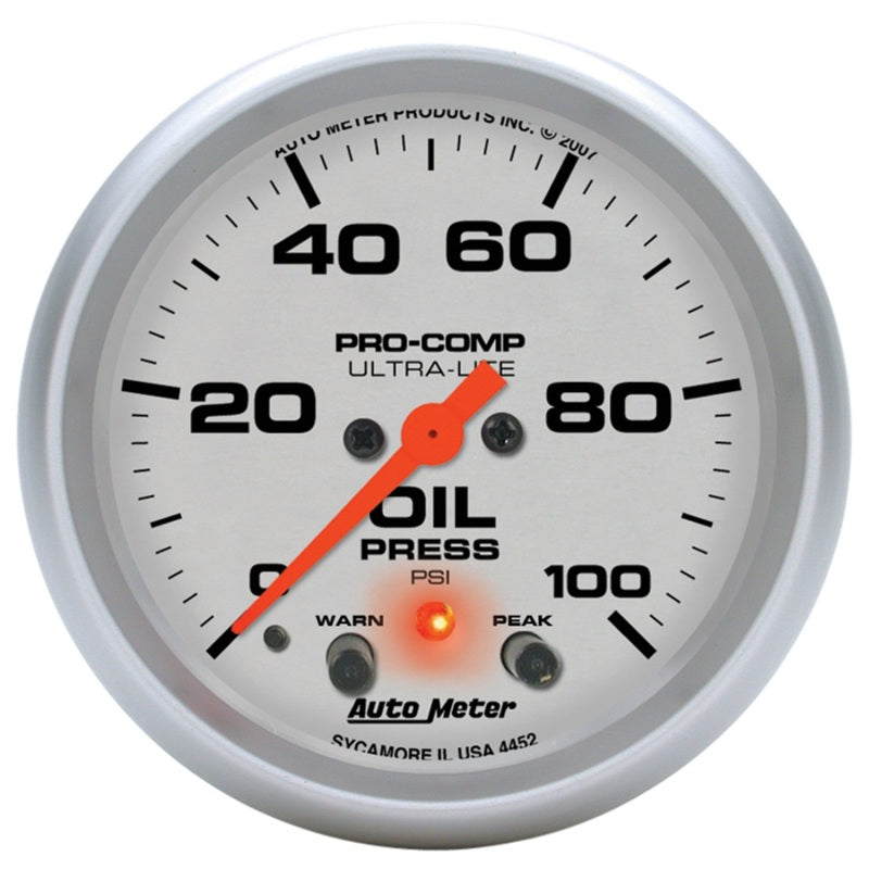 Autometer Ultra-Lite 66.7mm Oil Press 2 5/8" 100PSI Digital Stepper Motor w/ Peak & Warning Light