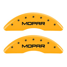 Load image into Gallery viewer, MGP 4 Caliper Covers Engraved Front &amp; Rear MOPAR Yellow finish black ch