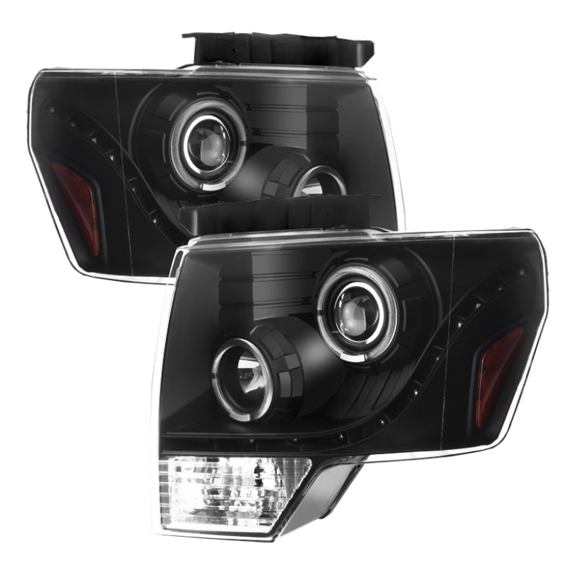 Xtune Ford F150 09-14 Projector Headlights Halogen Model Only LED Halo Black PRO-JH-F15009-LED-BK