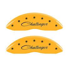 Load image into Gallery viewer, MGP 4 Caliper Covers Engraved Front &amp; Rear Cursive/Challenger Yellow finish black ch