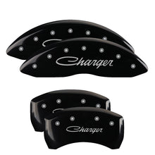 Load image into Gallery viewer, MGP 4 Caliper Covers Engraved Front &amp; Rear Cursive/Charger Black finish silver ch