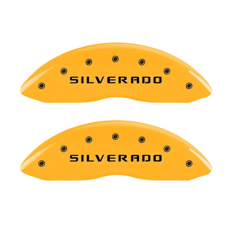 MGP Front set 2 Caliper Covers Engraved Front Silverado Yellow finish black ch