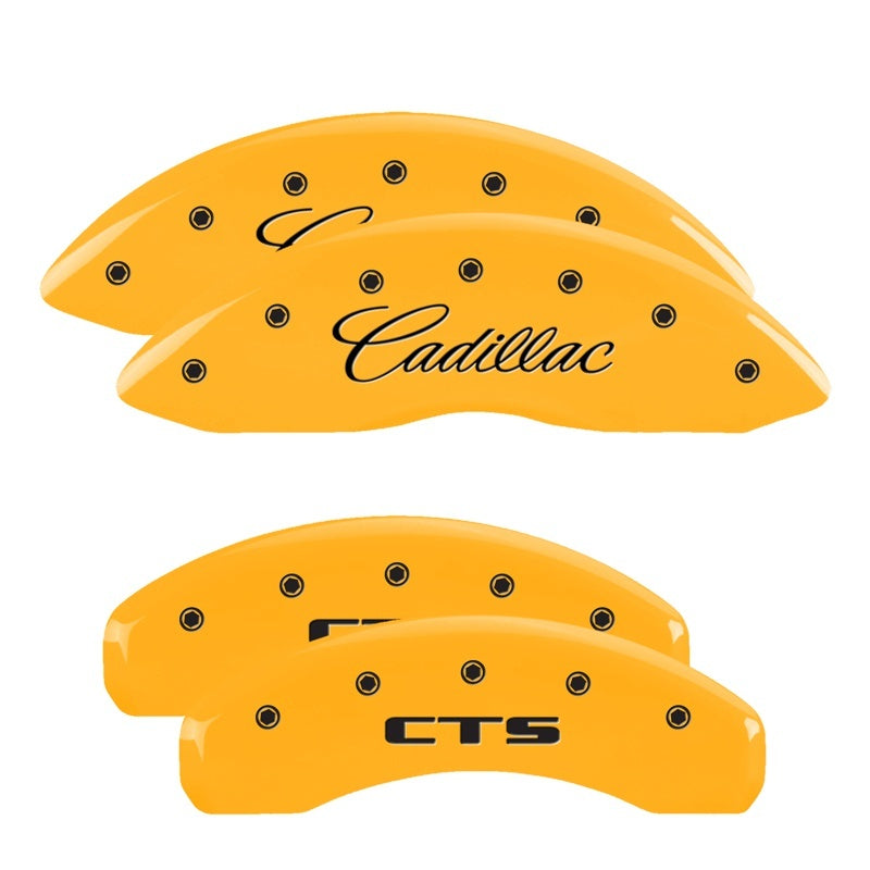 MGP 4 Caliper Covers Engraved Front Cursive/Cadillac Engraved Rear CTS Yellow finish black ch