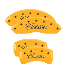 Laden Sie das Bild in den Galerie-Viewer, MGP 4 Caliper Covers Engraved Front Cursive/Cadillac Engraved Rear CTS Yellow finish black ch