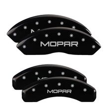 Load image into Gallery viewer, MGP 4 Caliper Covers Engraved Front &amp; Rear Mopar Black Finish Silver Char 2019 Jeep Wrangler