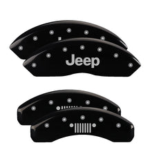 Laden Sie das Bild in den Galerie-Viewer, MGP 4 Caliper Covers Engraved Front Jeep Rear Grill Logo Black Finish Silver Char 2019 Jeep Wrangler