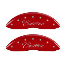 Laden Sie das Bild in den Galerie-Viewer, MGP 4 Caliper Covers Engraved Front Cursive/Cadillac Engraved Rear CTS Red finish silver ch