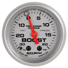 Cargar imagen en el visor de la galería, Autometer Marine Silver Ultra-Lite 2-1/16in 0-30 HG / 0-20 PSI Vacuum / Boost Gauge