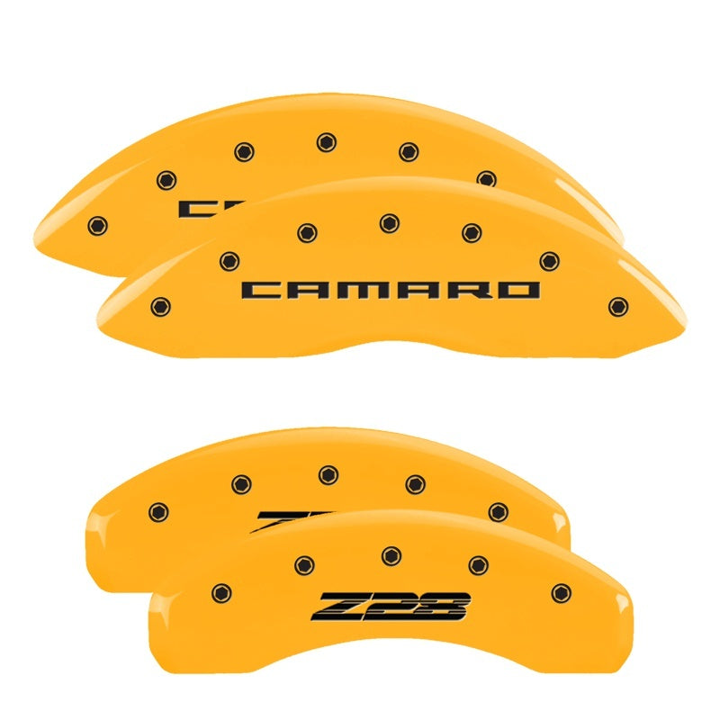 MGP 4 Caliper Covers Engraved Front Gen 5/Camaro Engraved Rear Gen 5/Z28 Yellow finish black ch