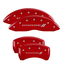 Load image into Gallery viewer, MGP 4 Caliper Covers Engraved Front &amp; Rear With stripes/Dodge Red finish silver ch