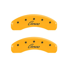 Load image into Gallery viewer, MGP 4 Caliper Covers Engraved Front &amp; Rear Cursive/Camaro Yellow finish black ch